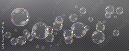Realistic soap vector bubbles png isolated on transparent background. The effect of falling and flying bubbles. Glass bubble effect.	
 photo