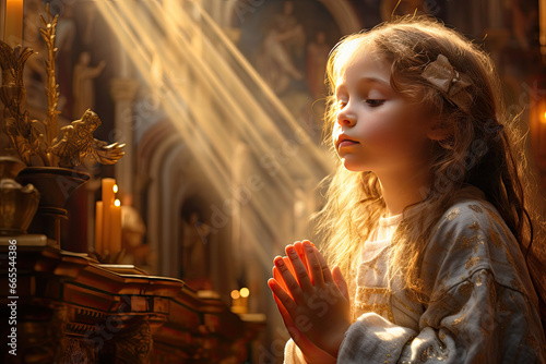 beautiful young girl in white dress praying under sunlight in church © Kien