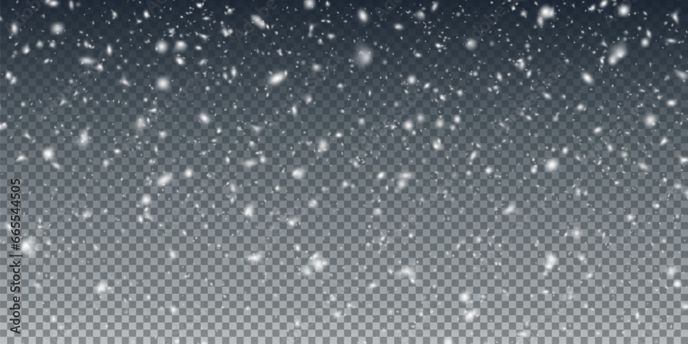 Christmas background with small falling snowflakes. Snow storm effect, blurred, cold wind with snow png. Holiday powder snow for cards, invitations, banners, advertising. - obrazy, fototapety, plakaty 