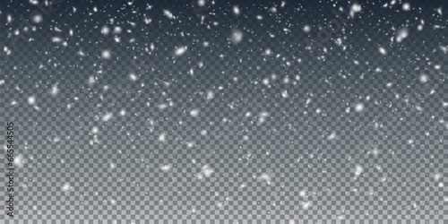 Christmas background with small falling snowflakes. Snow storm effect, blurred, cold wind with snow png. Holiday powder snow for cards, invitations, banners, advertising.