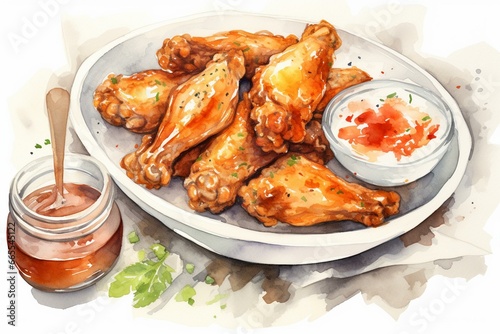 Watercolor illustration of chicken wings and dip. Generative AI