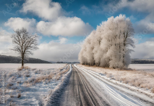 Dirt road leading to frosted woodland along snowy farmland under blue sky with white fluffy clouds © Rao Saad Ishfaq