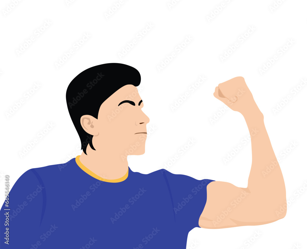 Naklejka premium Angry man in dark blue shirt is raising and clenching his fists. Vector illustration isolated on white background.