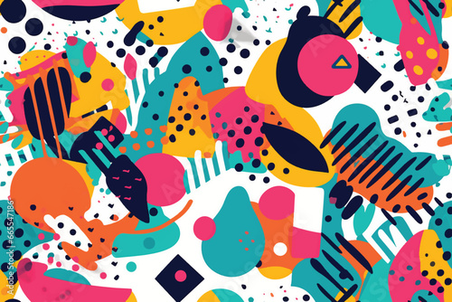 Creative Risograph aesthetic style pattern, grainy color fades, large shapes, exaggerated figures, and layering of different subjects, flat vector