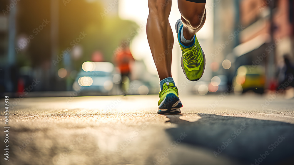 Gros plan sur les jambes d'un athlète en train de faire un marathon dans les rues de New-York. - obrazy, fototapety, plakaty 