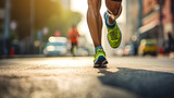 Gros plan sur les jambes d'un athlète en train de faire un marathon dans les rues de New-York.