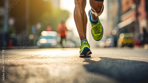 Gros plan sur les jambes d'un athlète en train de faire un marathon dans les rues de New-York. photo