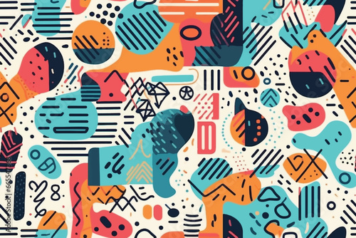 Creative Risograph aesthetic style pattern, grainy color fades, large shapes, exaggerated figures, and layering of different subjects, flat vector