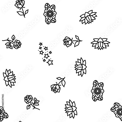 tattoo art rose vintage style vector seamless pattern thin line illustration