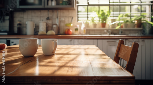 Wooden table background in domestic kitchen with cups of coffee with shadows and sunny warm morning time. Copy space for your composition photo