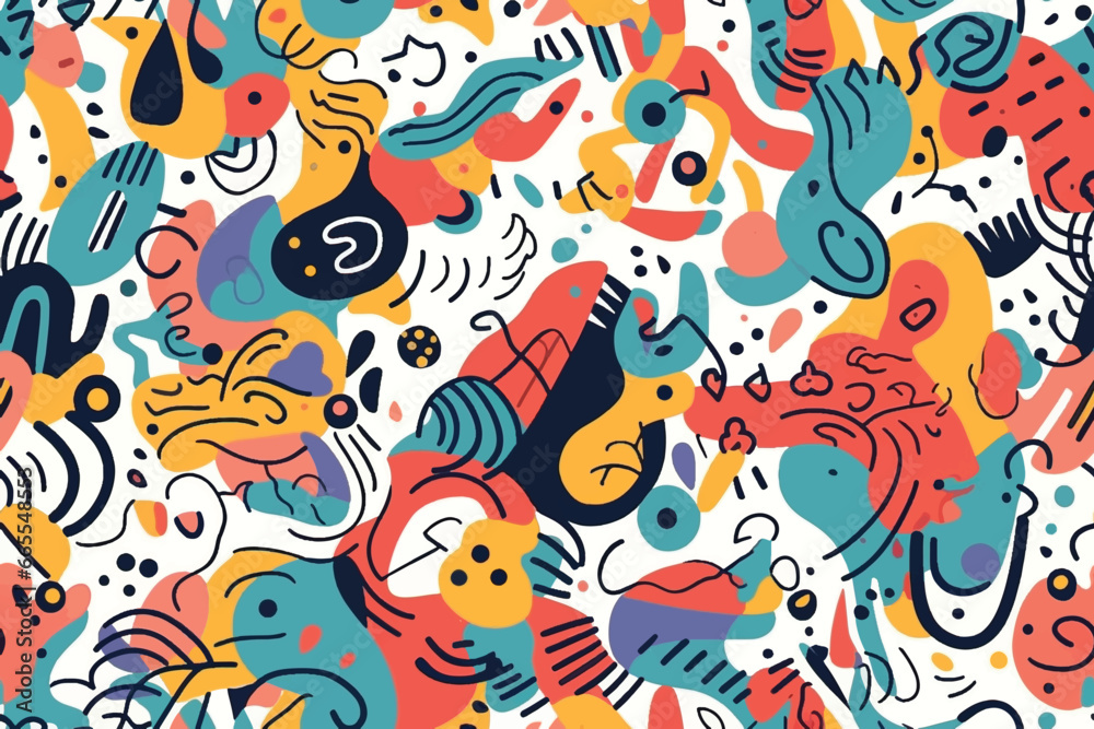 Colorful, Abstract Background Illustration, in the Style of Animalier, Bold Color Blobs, Jon Burgerman, Flowing Textures, Diverse Color Palette, Pop-Inspired Lines, Repeating Pattern