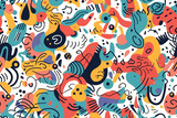 Colorful, Abstract Background Illustration, in the Style of Animalier, Bold Color Blobs, Jon Burgerman, Flowing Textures, Diverse Color Palette, Pop-Inspired Lines, Repeating Pattern