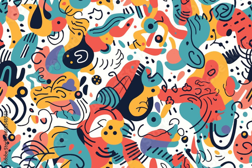 Colorful, Abstract Background Illustration, in the Style of Animalier, Bold Color Blobs, Jon Burgerman, Flowing Textures, Diverse Color Palette, Pop-Inspired Lines, Repeating Pattern © Taslima