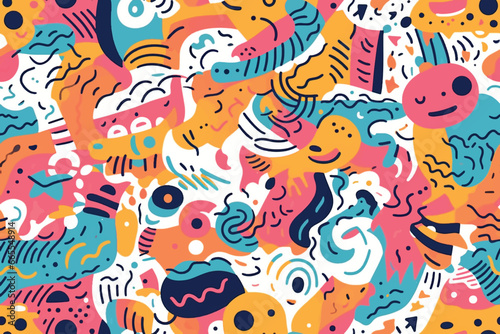 Colorful  Abstract Background Illustration  in the Style of Animalier  Bold Color Blobs  Jon Burgerman  Flowing Textures  Diverse Color Palette  Pop-Inspired Lines  Repeating Pattern