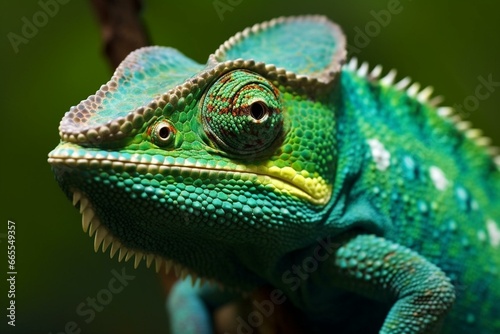 A close-up of a chameleon with green coloring. Generative AI