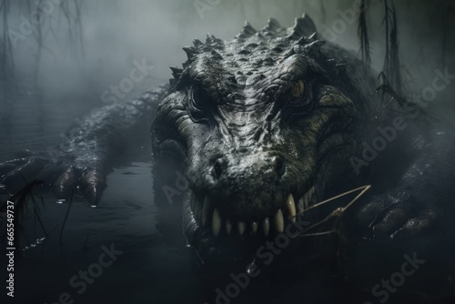 A detailed close-up view of a dragon in its natural habitat, a murky swamp. This image can be used to depict mythical creatures, fantasy worlds, or as an illustration in a fantasy novel or game.