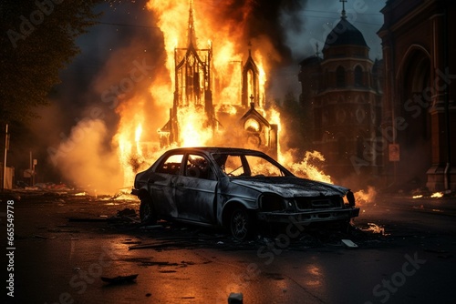 Burning police car in center of city near church during riots caused by new measures of coronavirus. Generative AI © Rowen