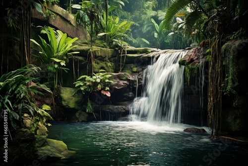 Tropical waterfall in lush Amazon rainforest with exotic plants. Generative AI