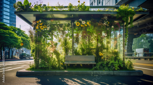 Bus stop in an urban area featuring a living green roof full of small plants and flowers