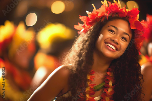 Celebrating Christmas in Hawaii. Smiling Hawaiian woman at Luau feast with flower garlands and traditional dancing. © Kate Simon
