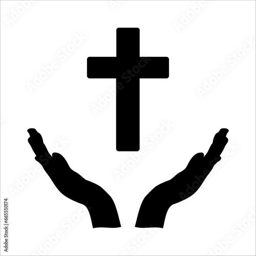 Silhouette hands folded in prayer. Faith in God, concept. Religious people. Cross isolated. Person praying with cross in hand - concept of a devout christian worshiping Christ. Vector illustration