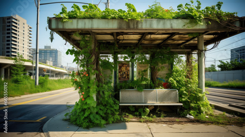 Bus stop in an urban area featuring a living green roof full of small plants and flowers