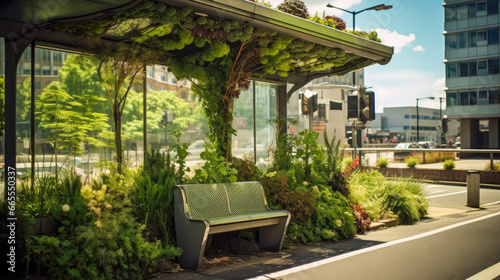 Bus stop in an urban area featuring a living green roof full of small plants and flowers