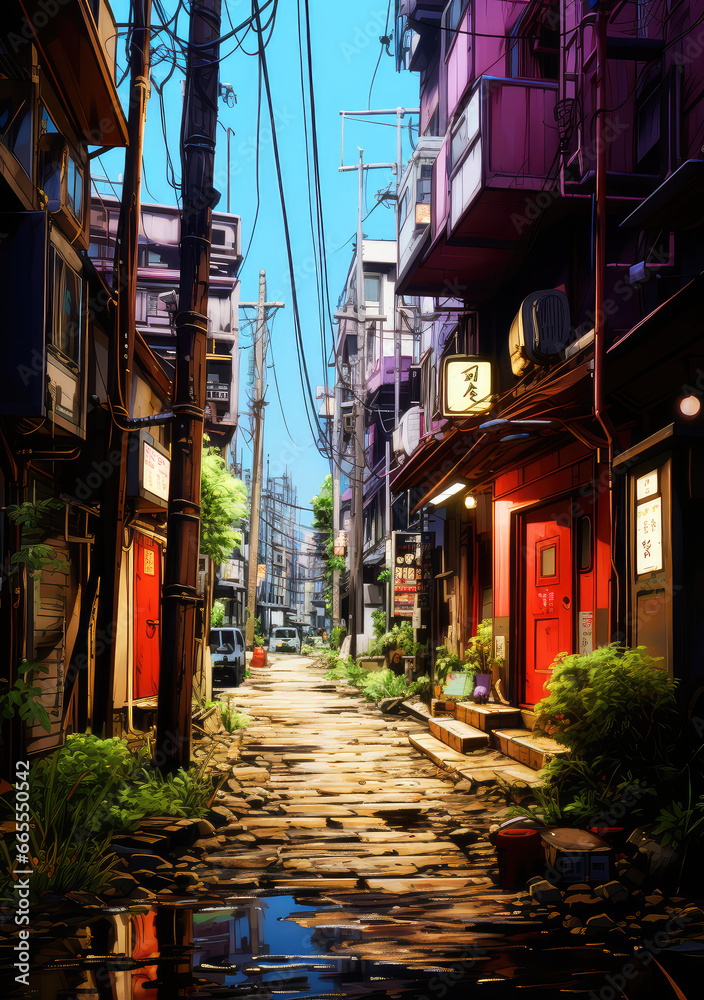 Fototapeta premium Neon Nocturne: A Japanese Night Streets Art Poster, Capturing the Luminous Veins of Urban Twilight Veiled in Neon Mystique, Crafted by Generative AI