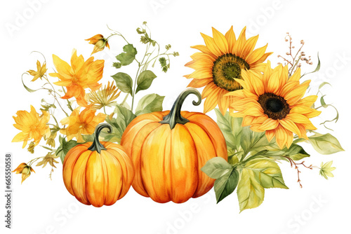 Pumpkin and Sunflower Watercolor Clip Art Illustrations  Isolated on White or Transparent Background  PNG