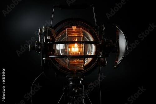 Studio lighting room isolated on black with halogen lamp. Illuminated old film technology. Generate Ai