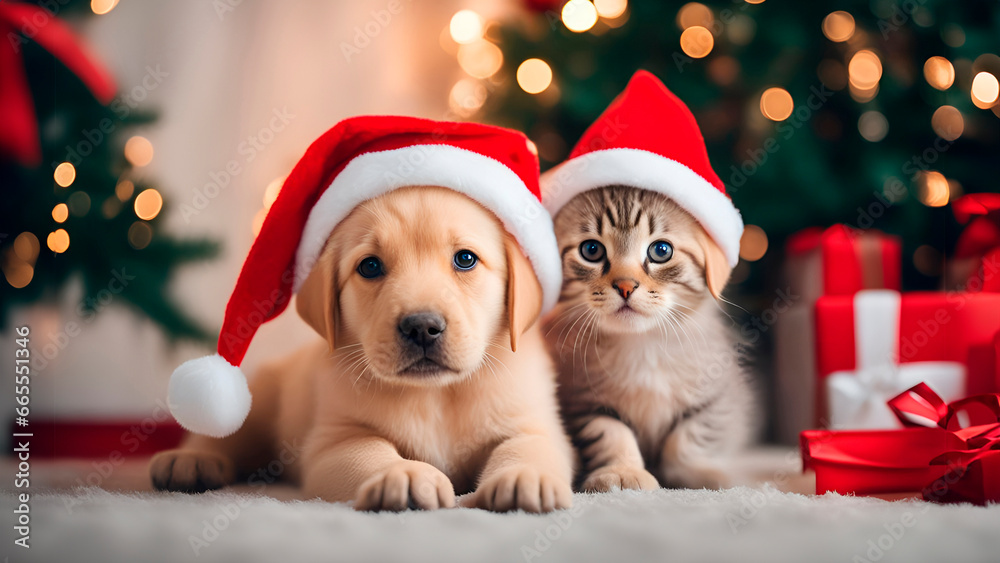 Labrador puppy and gray kitten in a Santa Claus hat in home background, bokeh, confetti. New Year card