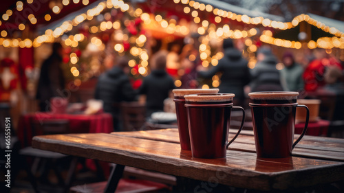 Mugs of hot mulled wine on a wooden table on the background of a Christmas market
