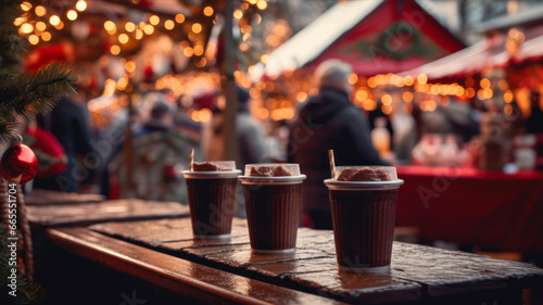 Three cups of hot chocolate with marshmallows on the background of Christmas market