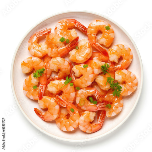 Peeled shrimps dish on a white background