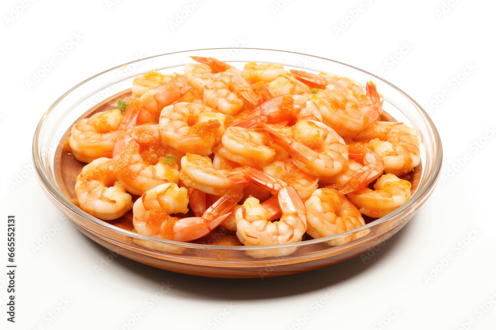 Peeled shrimps dish on a white background