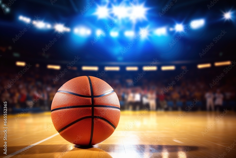 Basketball in a arena in background Basketball in a arena in background
