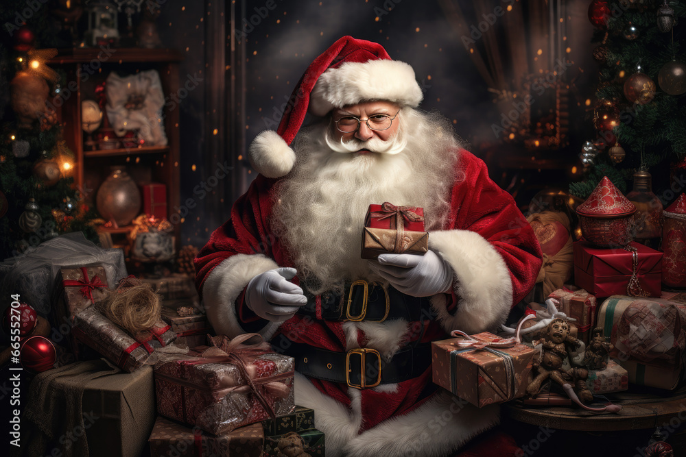 santa holds a bag of presents over a background of lights