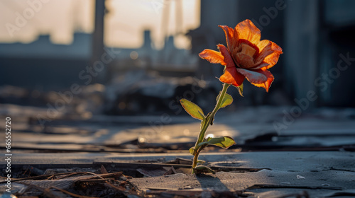Wilted orange flower in front of industrial ruins