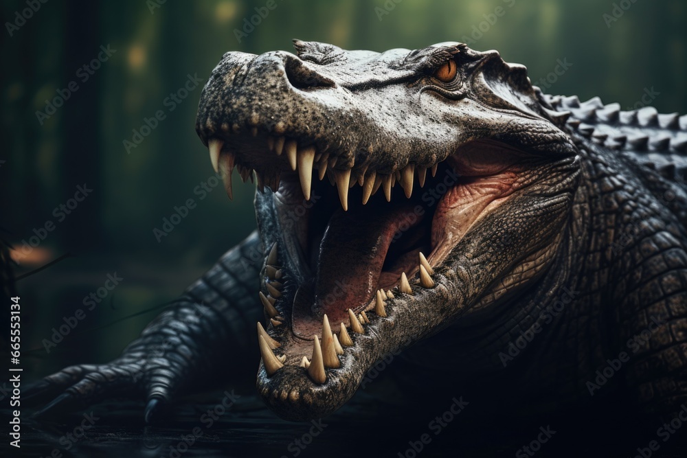 Obraz premium A close-up view of a large alligator with its mouth wide open. 