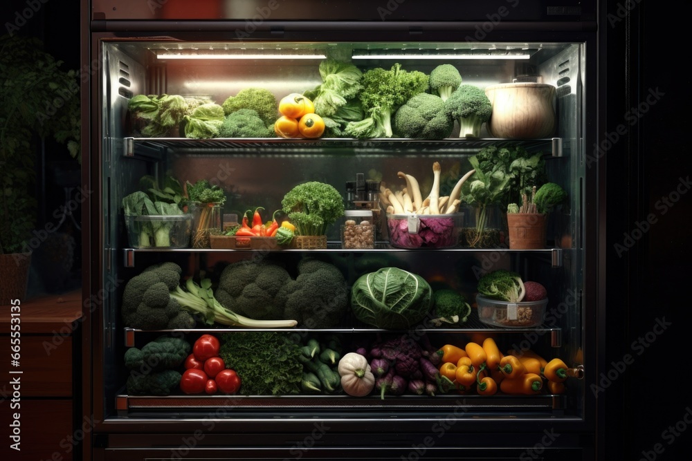 A refrigerator filled with an abundance of fresh vegetables. This picture can be used to promote healthy eating habits and a balanced diet