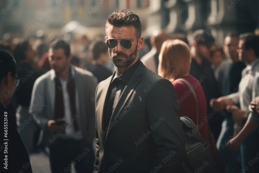 A man wearing a suit and sunglasses stands out in a crowd. This image can be used to depict concepts such as individuality, professionalism, or being confident in a busy environment A man wearing a suit and sunglasses stands out in a crowd. This image can be used to depict concepts such as individuality, professionalism, or being confident in a busy environment