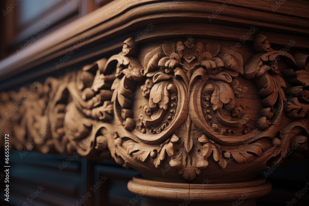 A detailed close-up of a carving on a table. This image can be used to showcase intricate craftsmanship or as a decorative element in various design projects