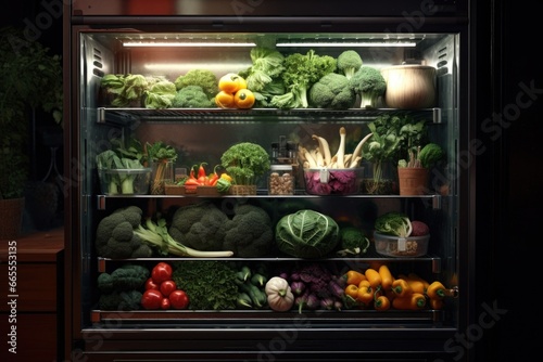 A refrigerator filled with an abundance of fresh vegetables. This picture can be used to promote healthy eating habits and a balanced diet