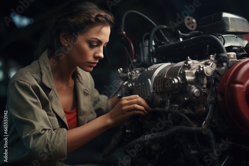 A woman is shown working on an engine in a garage. This image can be used to depict automotive repairs or maintenance © Fotograf