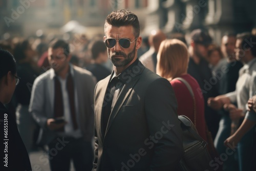 A man wearing a suit and sunglasses stands out in a crowd. This image can be used to depict concepts such as individuality, professionalism, or being confident in a busy environment