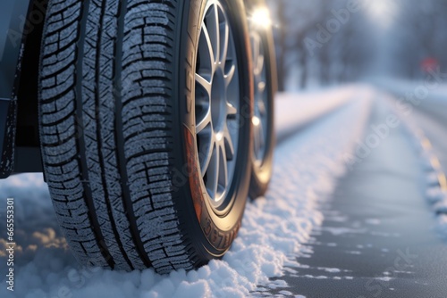 A close up view of a tire on a snowy road. This image can be used to depict winter driving conditions or to illustrate the need for proper snow tires