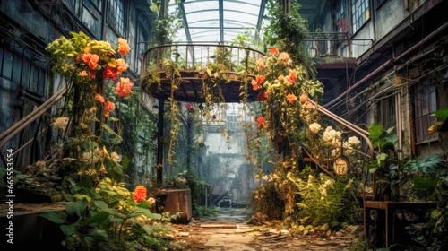Vines and flowers cascading down the rusty metal framework of an abandoned factory