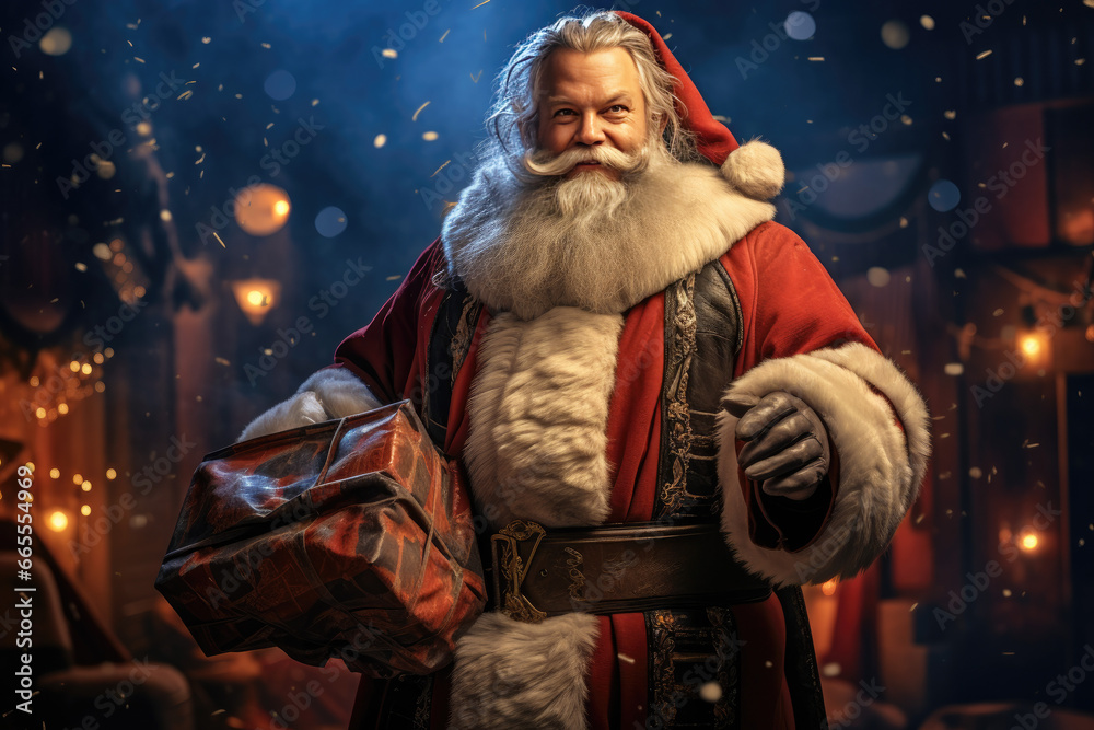 santa holds a bag of presents over a background of lights