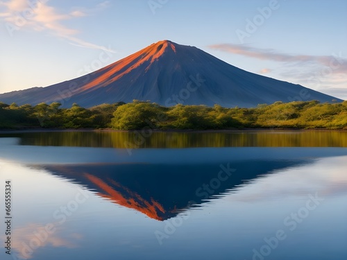 Blue lake with volcano mountain