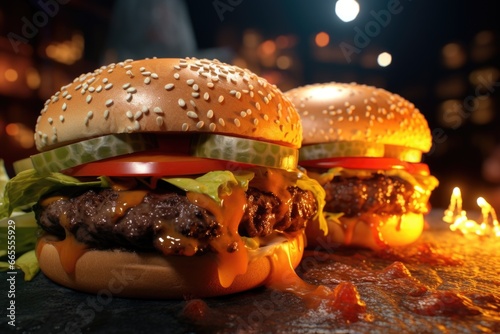 A picture of two hamburgers with fresh lettuce, juicy tomato slices, and melted cheese on top. Perfect for food blogs, restaurant menus, or advertising campaigns.